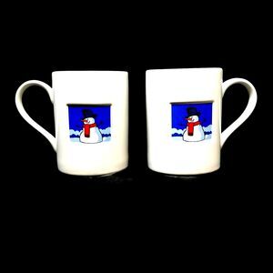 Whittard of Chelsea Winter Snowman Christmas Holiday Coffee Cups/Mugs Pair 8oz